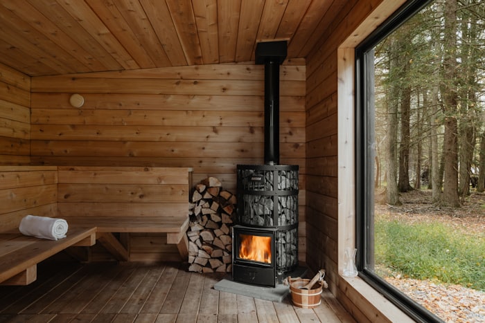 Sauna interior with warm wood tones