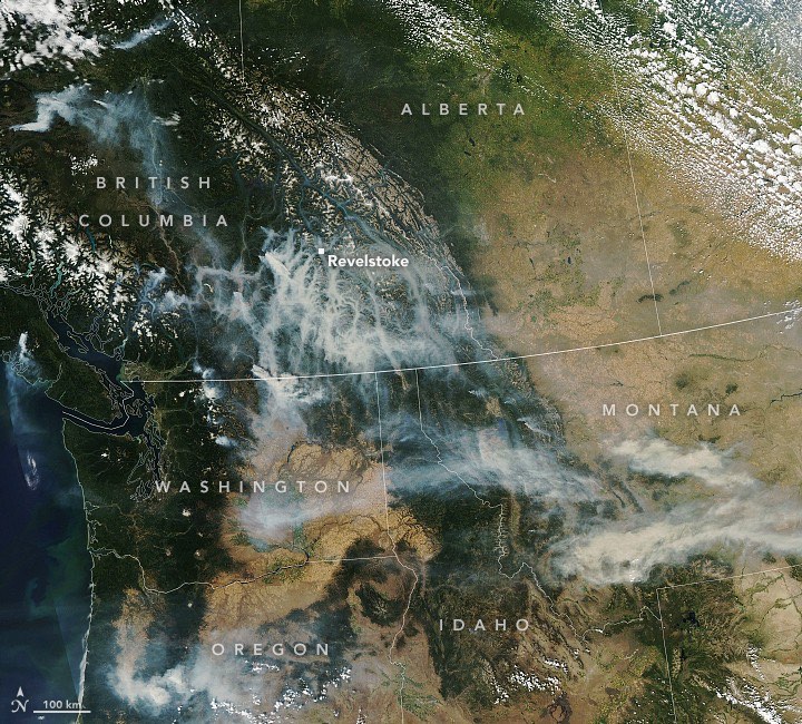 Satellite view of wildfire smoke over the Pacific Northwest