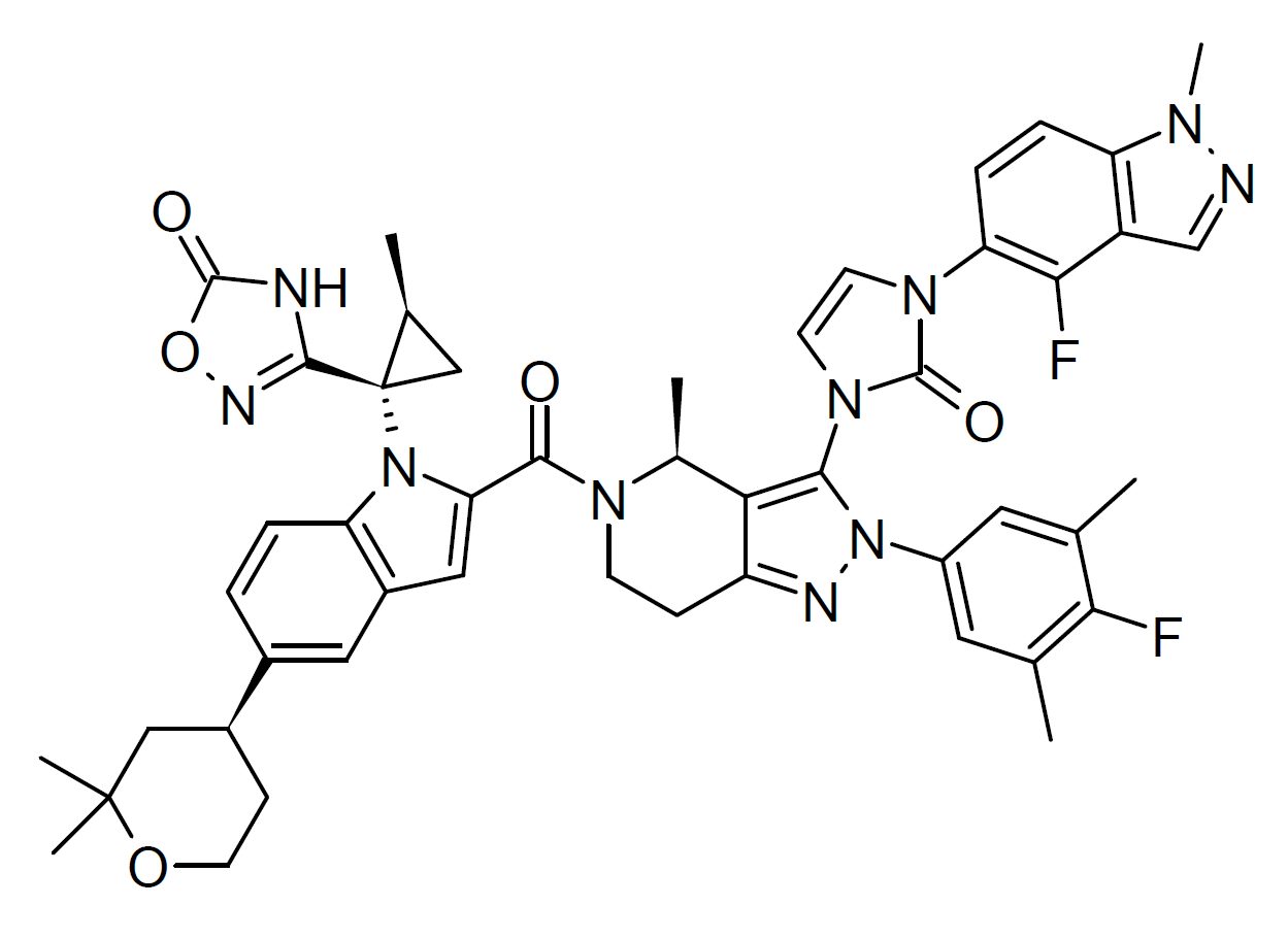 Chemical structure diagram of orforglipron drawn as a skeletal formula