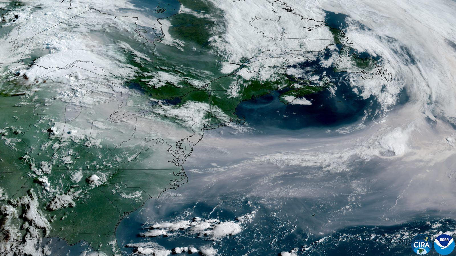Geostationary satellite view of North America showing haze still lying over the Great Lakes and the northeast two days after the peak