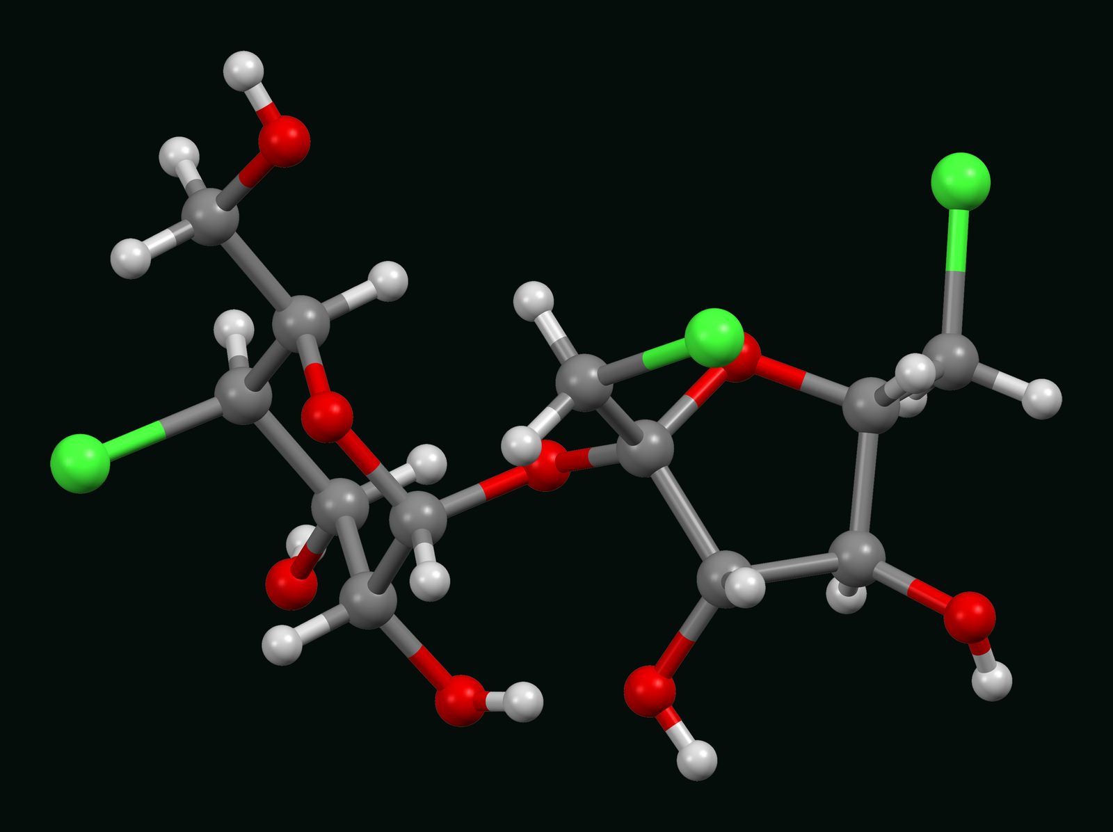 Ball and stick molecular model of sucralose with its three chlorine atoms shown in green